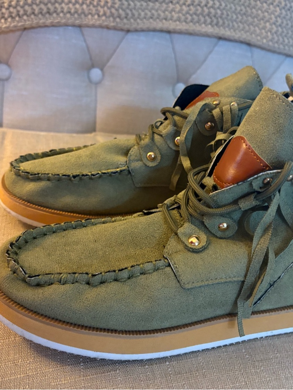 SHEIN Olive Suede Lace-Up Moc Toe Ankle Booties with Tan Accents